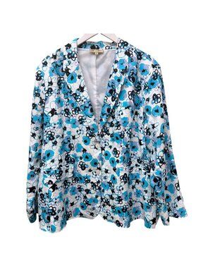 DIANE GILMAN DG2 Floral Linen Blazer Womens Plus Size 2X Blue White Jacket NWOT